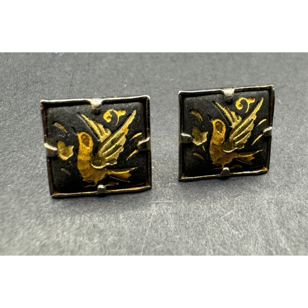 Vintage Gold Tone Damascene Bird Engraved Black Enamel Square Stud Earrings